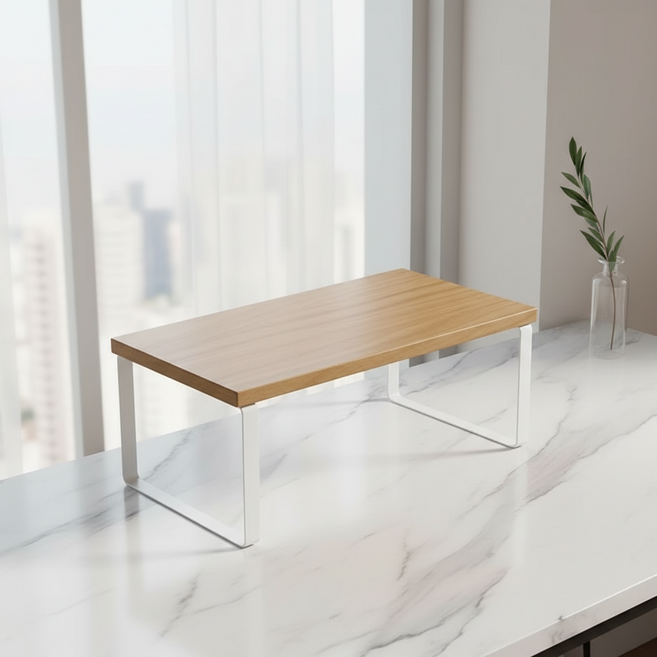 마켓피아 모니터 받침대 데스크 정리대 미니 테이블 대형 40 x 20 x 16.2 cm, 나무 색상 + 흰색 프레임