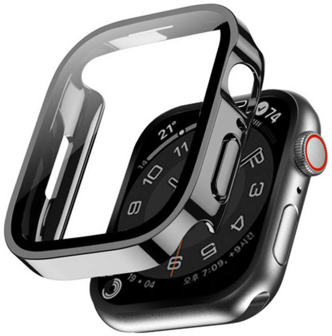 이츠라이프 애플워치 9H 스퀘어 풀커버 강화유리 케이스 45mm, 블랙, 1개