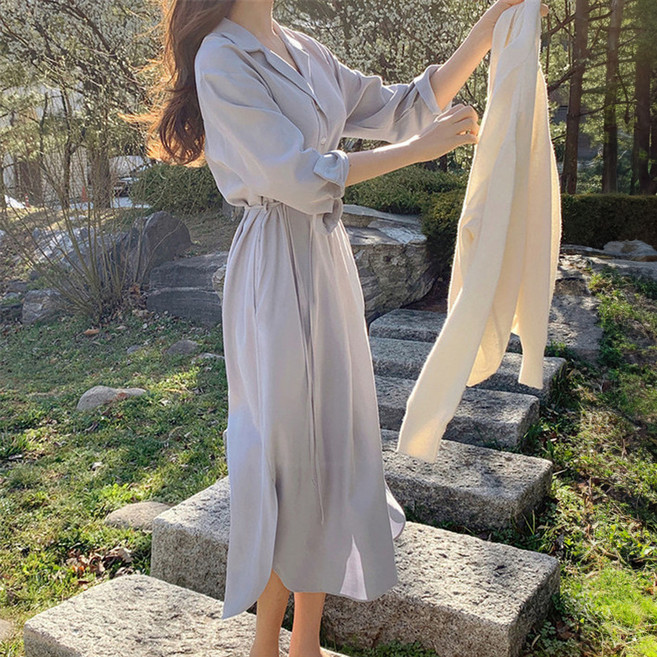 시크힐즈 오피뉴 허리 끈 트임 셔츠 롱 원피스 12239