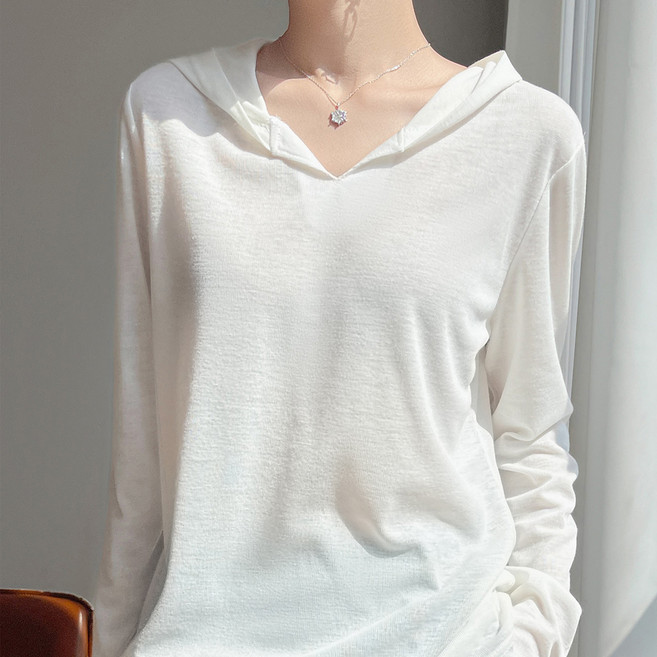 더시럽 여성용 미니멀 단색 얇은 니트 후드 티셔츠