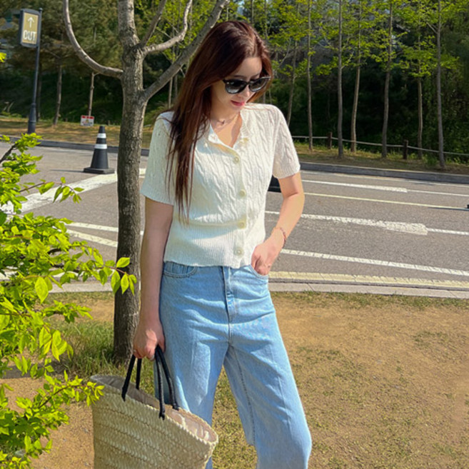 난닝구 여성용 티링클 꽈배기 반팔 가디건