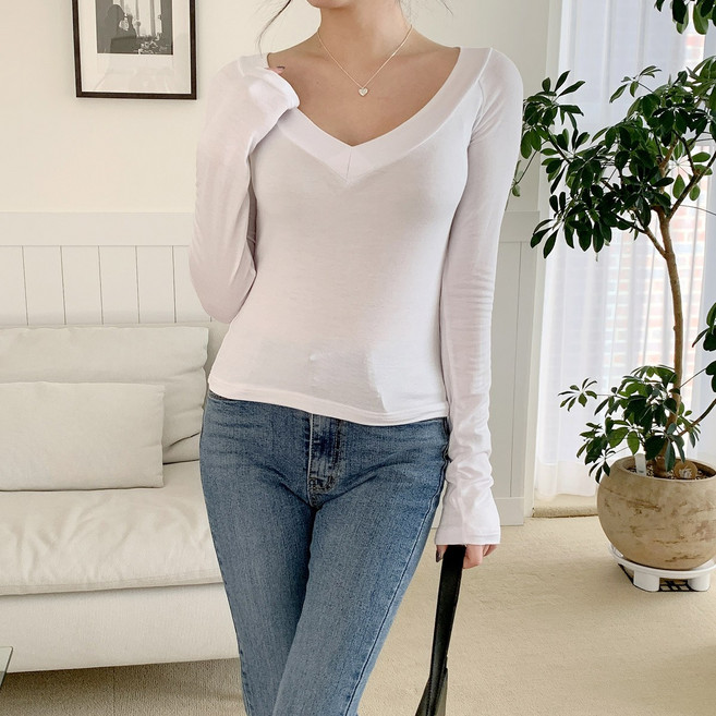 린다샵 여성용 시츄에 딥브이 심플 크롭 긴팔티 cpt11565k2c
