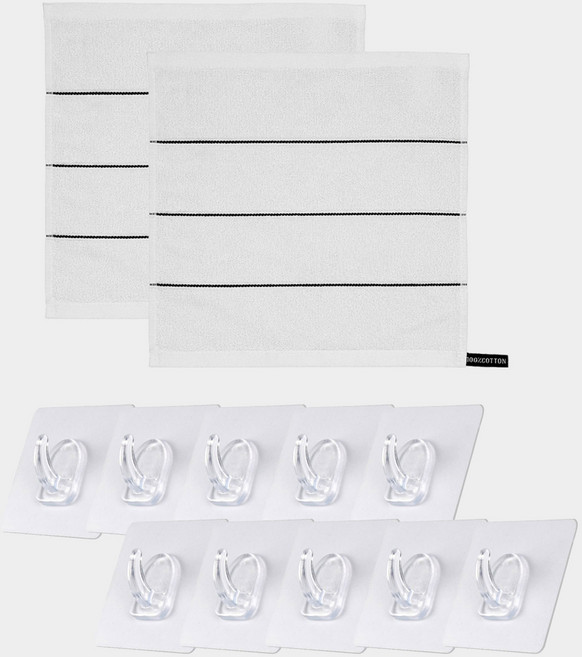 모나코올리브 호텔식 스트라이프 핸드타월 2p + 흡짱매직 후크 오리지널 10p 세트, 화이트(핸드타월), 투명(후크), 1세트