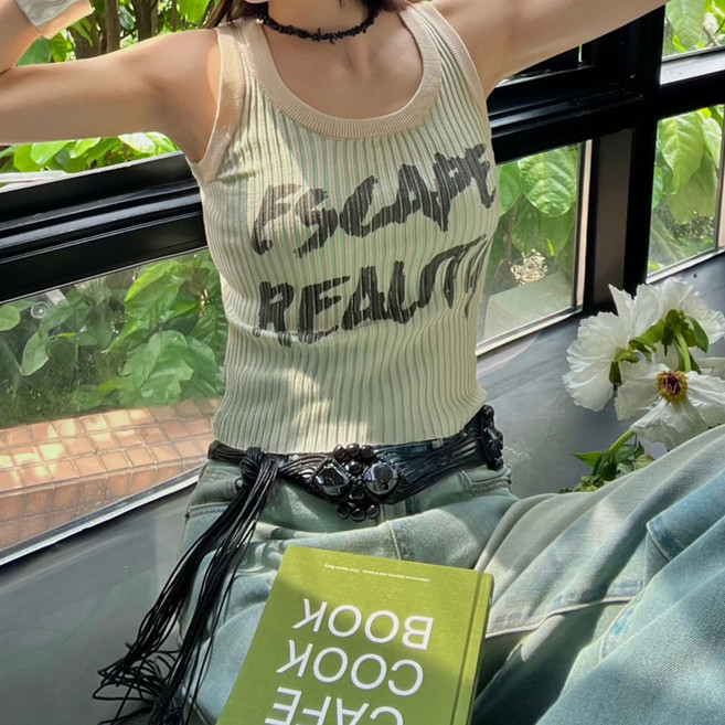 메이첼 여성용 빈티지 레터링 골지 민소매 티셔츠 10513