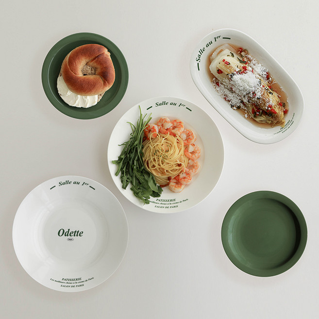 이우아여사 오데뜨 레터링 파스타 접시, 1세트, 파스타 접시 2p + 그린 플레이트 2p + 오벌 플레이트, 혼합색상