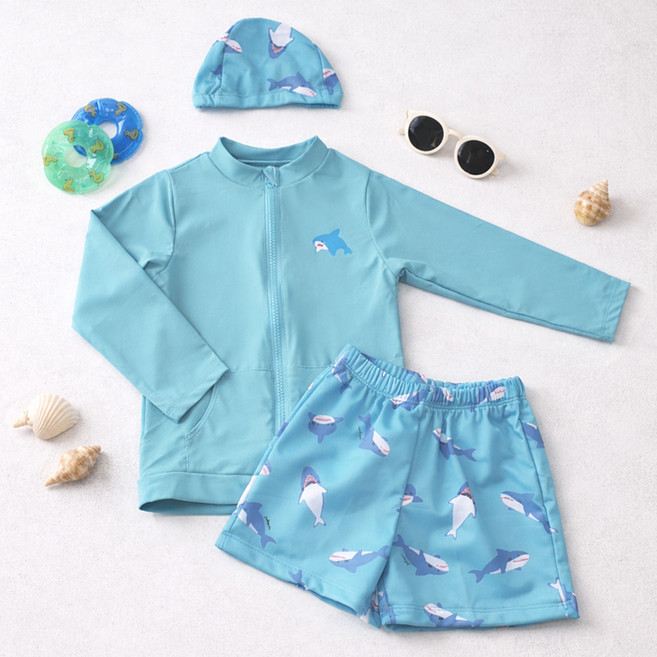 우주아이 아동용 블루샤크 래쉬가드 상하의 + 수영모 세트