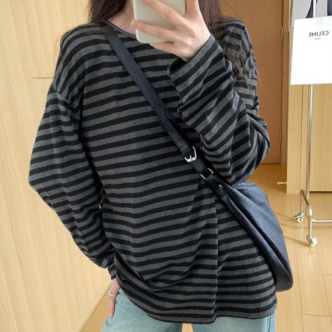 디멜디 여성용 봄 이너용 라운드넥 스트라이프 긴팔 티셔츠