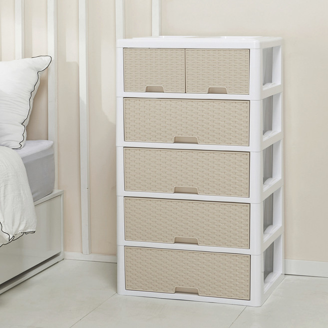藤編微笑6層抽屜收納櫃, 6個, 米白色