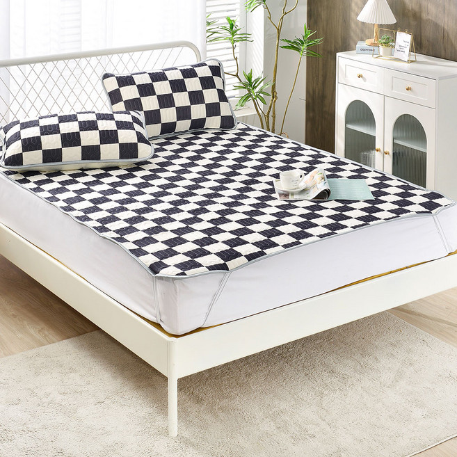 FOCA 天然乳膠冰絲涼蓆 + 枕套 2個, 黑白網格, 1cm