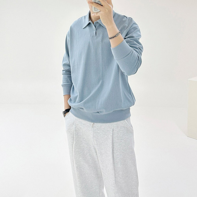 아도르클래식 모노톤 버튼 카라 맨투맨 긴팔 티셔츠