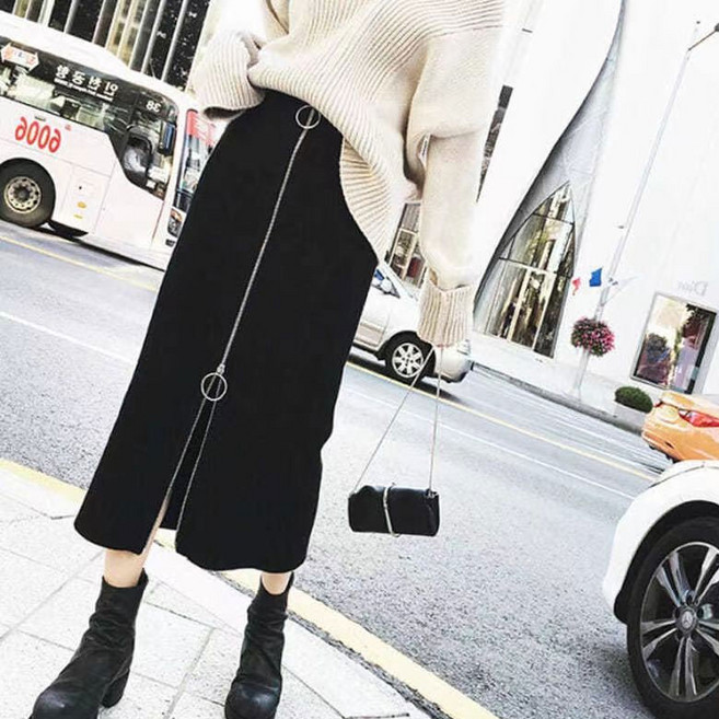 구디프 여성용 하이웨스트 슬림 H라인 지퍼 포인트 미디치마