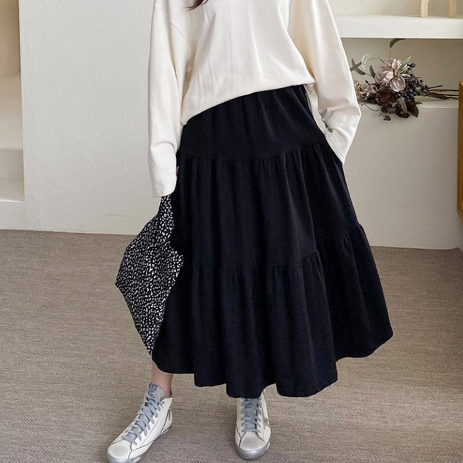 Lalaon 韓國製造 棉質 鬆緊帶 荷葉邊 層次 長裙 25TSP3599