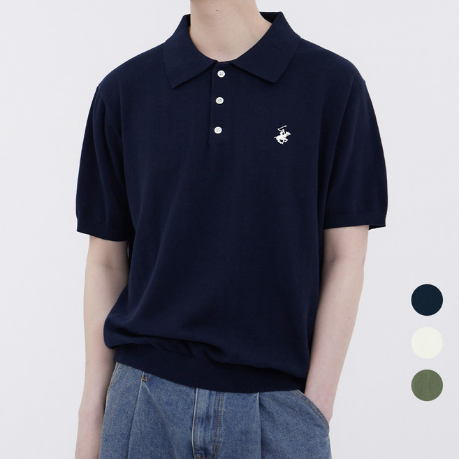 BEVERLY HILLS POLO CLUB 比佛利保羅 強撚紗翻領刺繡logo鈕扣短袖針織衫 CPN7T82