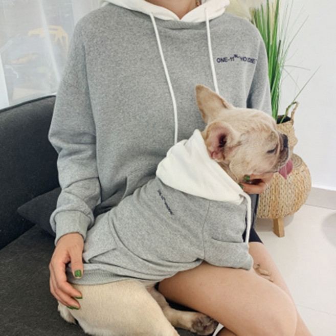 Saekoming 寵物狗 + 飼主情侶裝連帽T恤套組, 灰色, 1套