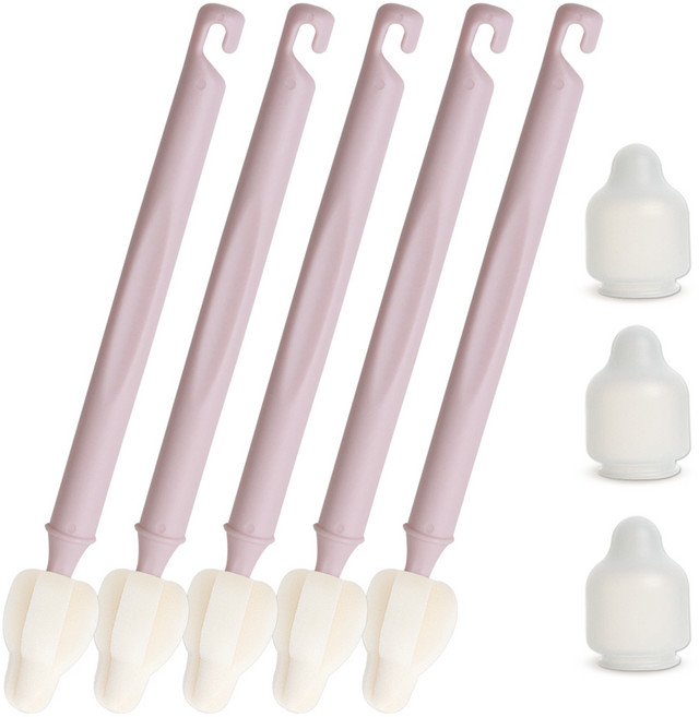하이비 젖병 젖꼭지 세척솔 몽글이 롱 미니솔 5p + 먼지보호캡 3p, 1세트, 인디핑크