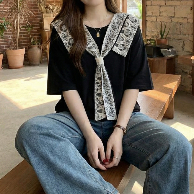 인피어스 여성용 빅사이즈 레이스 카라 타이 오버핏 티셔츠 I263-0375