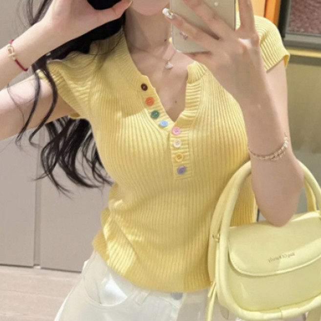 더플로우커머스 여성용 브이넥 알록달록 버튼 반팔 니트 티셔츠