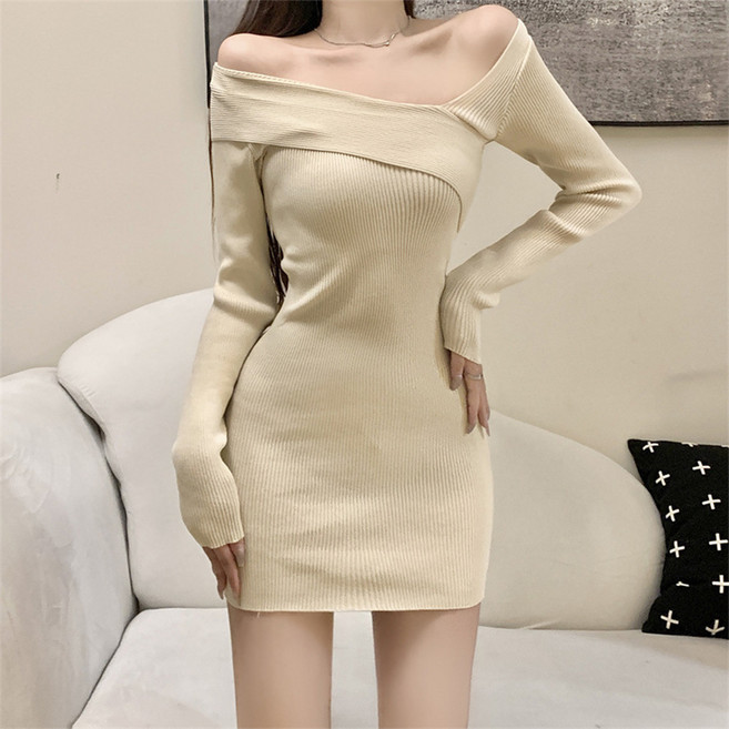 MarketA 女性Evel羅紋露肩針織迷你連身裙, 米色