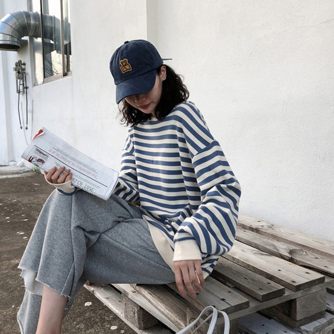 디멜디 여성용 클래식 스트라이프 데일리 루즈 긴팔 티셔츠