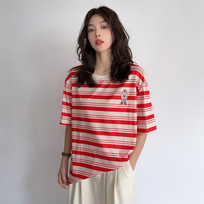 더시럽 여성용 베어 스트라이프 반팔 티셔츠