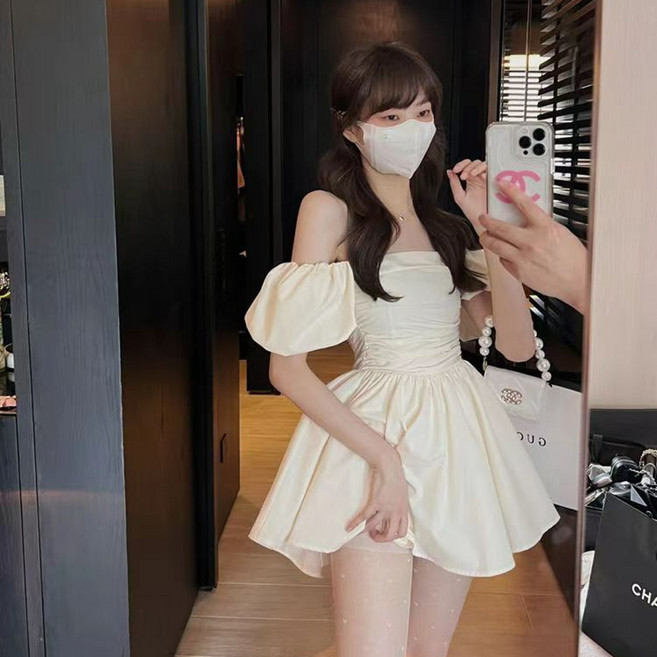 PEONIST 法式露肩泡泡袖迷你連身裙 含大尺碼, 白色