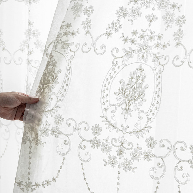 Sarah Haus 蕾絲窗簾 穿桿式, 亞麻荷葉邊刺繡窗簾