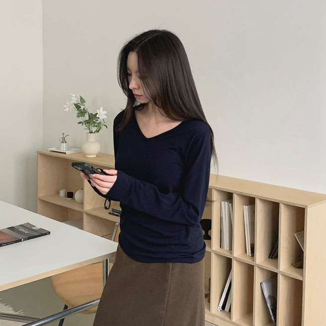 안다로미 여성용 기모 스판 피치브이 티셔츠