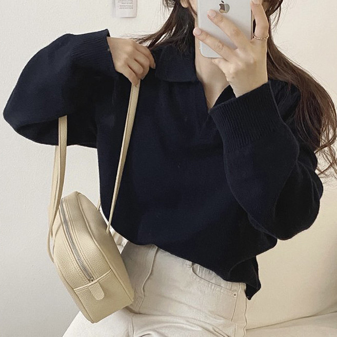 페이릿 여성용 오픈 카라넥 심플 니트 티셔츠