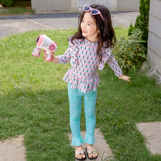 스타빈 여아용 패턴 래쉬가드 상하의 + 모자 세트