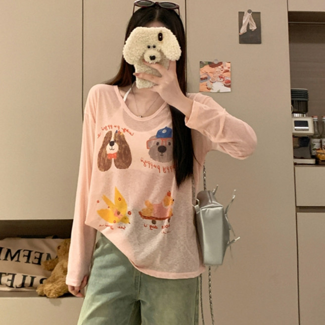 피어니스트 여성용 애니멀프렌즈 시스루 커버 긴팔 티셔츠