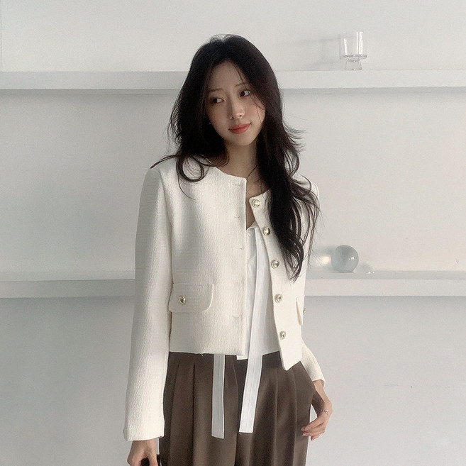 Planday 女款Sier簡約日常金色粗花呢外套