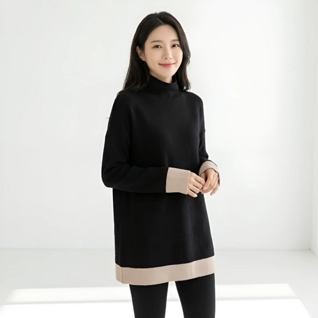 Goodif 女款感性撞色高領隨性穿搭風長版T恤