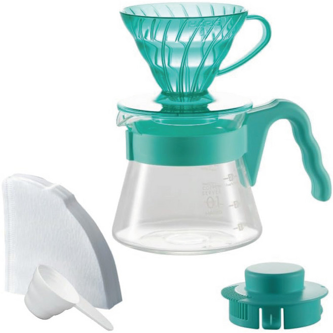 HARIO 好璃奧 V60 20周年薄荷綠手沖咖啡壺組, 450ml, 樹脂濾杯 + 玻璃咖啡壺 + 濾紙(40張) + 量匙, 1套