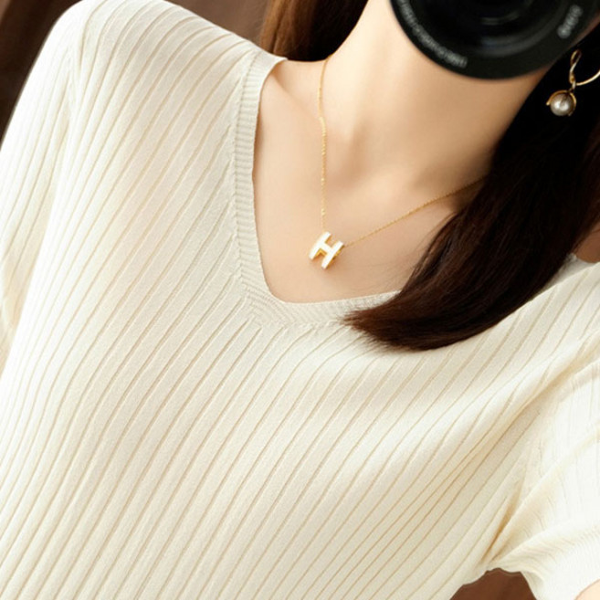 더시럽 여성용 솔리드 V넥 골지 반팔 니트