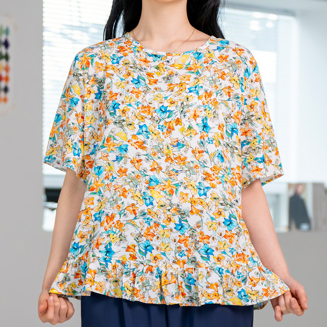 Anna&Co 女款人造絲短袖印花抓皺襯衫
