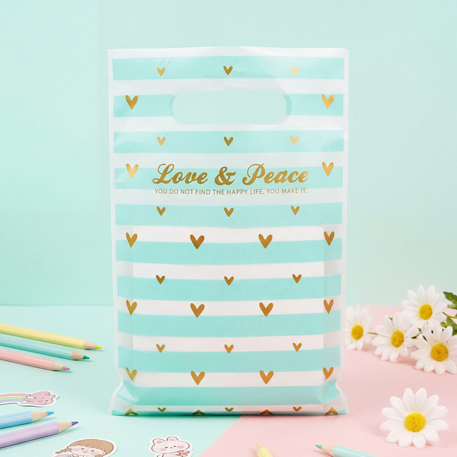 좋은기븐 손잡이 비닐 봉투 소, 하트스트라이프 민트, 60개