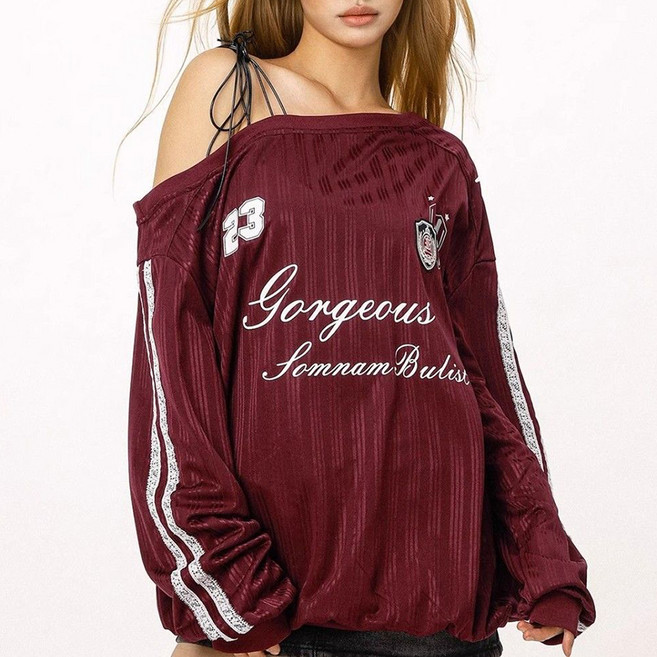 닷이프 여성용 아메리칸 스포티 오프숄더 티셔츠