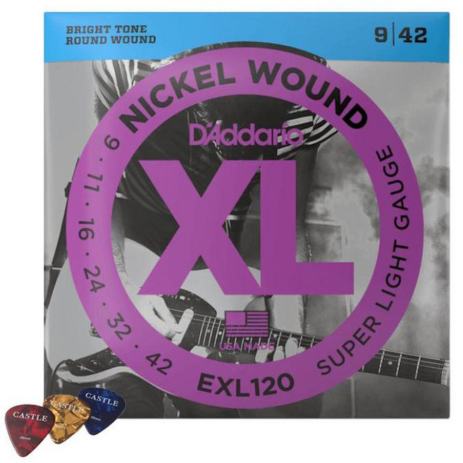 D'Addario 鎳 009 042 電吉他弦 + 城堡撥片 3入, 1組, EXL120, 紅色 + 黃色 + 藍色