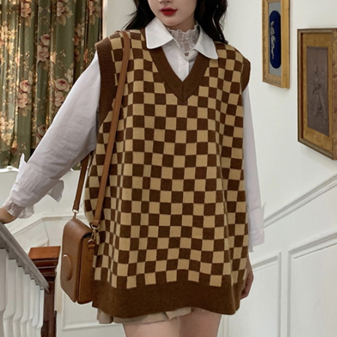 PEONIST 棋盤格紋寬鬆針織背心