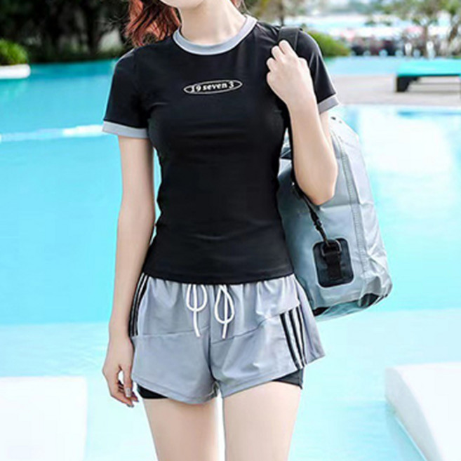 Goodif 女款休閒泳衣短袖T+短褲套裝, 黑色
