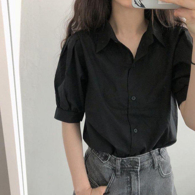 더시럽 여성용 심플 퍼프슬리브 반팔 셔츠