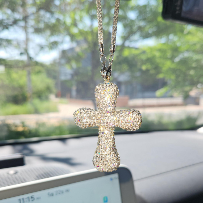 오토크루 차량용 크리스탈 큐빅 룸미러 십자가 펜던트, 크리스탈 화이트, 1개