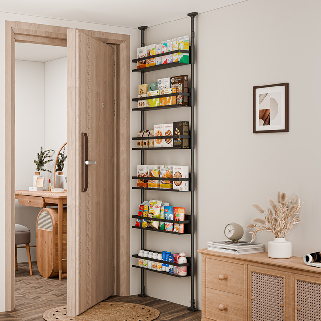 프란다스 무타공 기둥식 다용도 문뒤 수납 고정식 행거 6단, 블랙