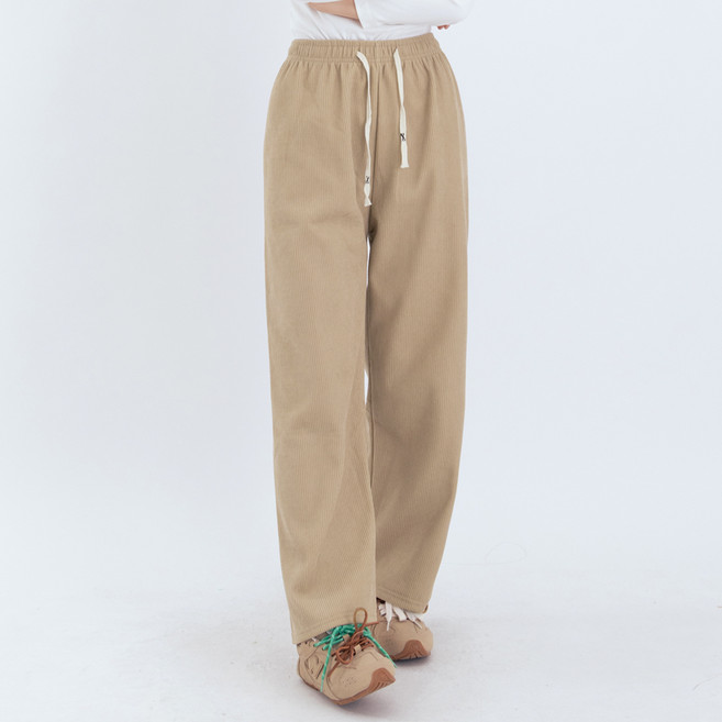 엘쏘 여성용 안감 기모 골덴 와이드 밴딩 팬츠