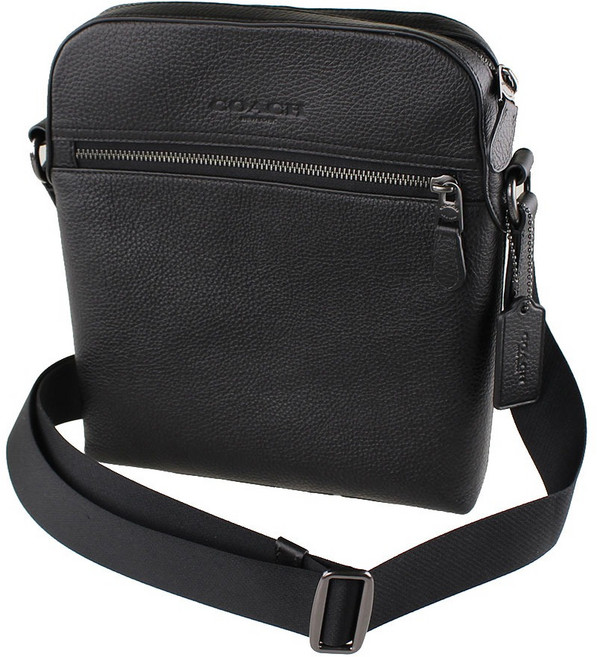 COACH 蔻馳 LOGO烙印高質感皮革方型斜背包, 黑色