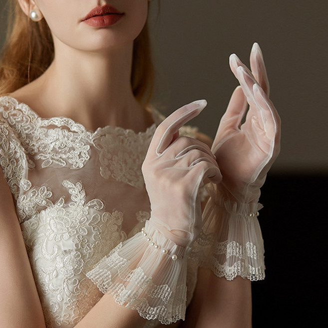 페이퍼먼츠 여성용 트와 더블 레이스 진주라인 웨딩 장갑 10954