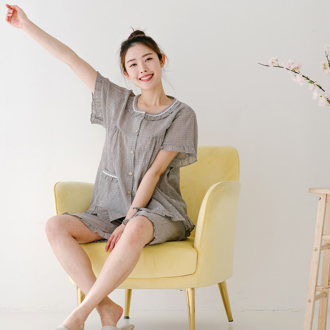 찌니야 여성용 통기성 감성체크 강연사 순면 반팔 상하 세트
