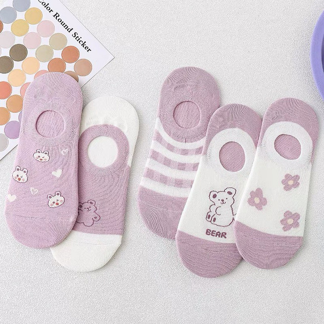 워더미 여성용 라벤더 퍼플 큐티 베어 플라워 덧신 양말 5족 세트 CZW517