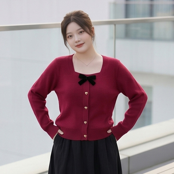 INFIOUS 女款方領蝴蝶結假鈕扣針織衫 I263-0452