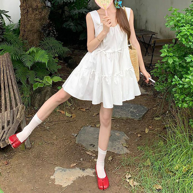더시럽 여성용 리본 보타이 캉캉 나시 미니 원피스